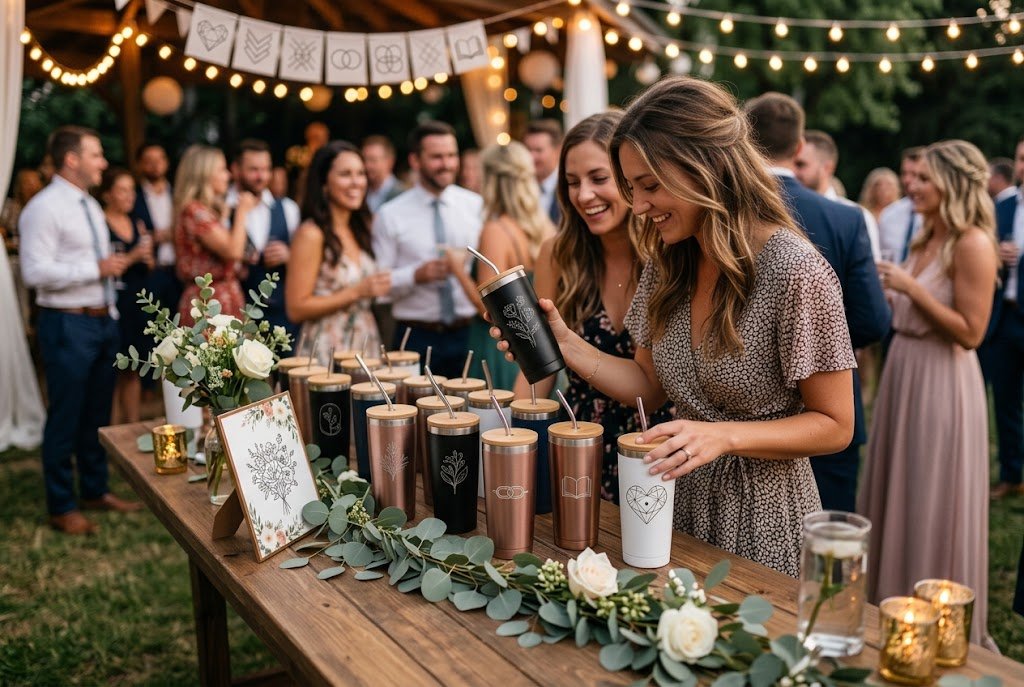 Customized reusable tumblers with guest names for birthday parties, bachelorette weekends, and kids' celebrations.