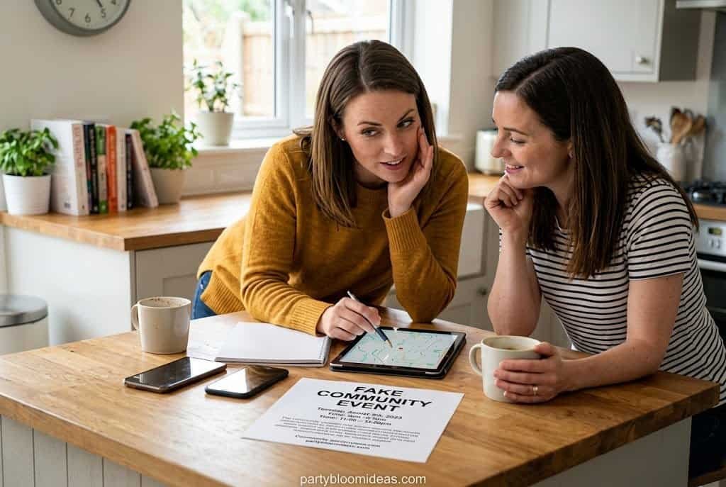 Two women at a kitchen counter planning a surprise party decoy event using a tablet.