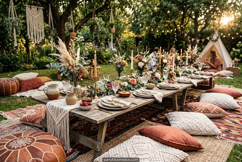Cozy boho picnic setup with floor cushions, Persian rug, low wooden table, and earthy decor for outdoor gatherings.