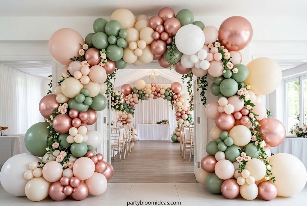 Organic balloon arch featuring mixed-size balloons and soft neutral colors.