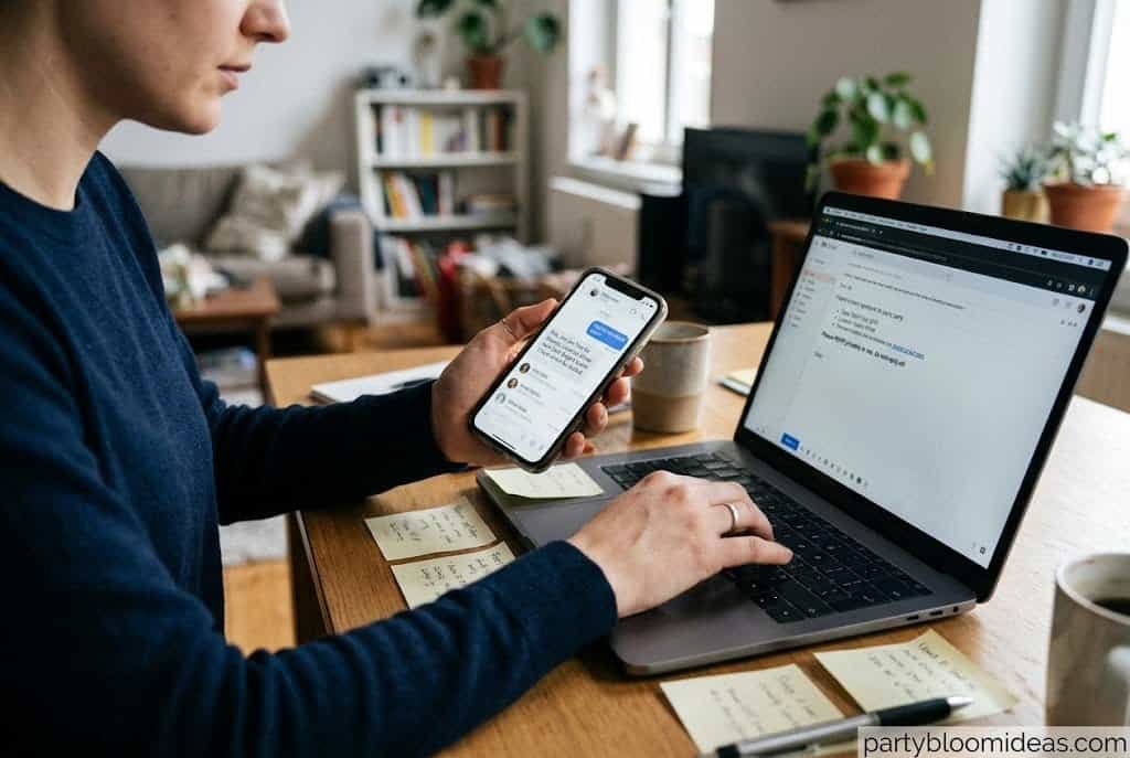 Person managing surprise party invitations on a laptop and phone.