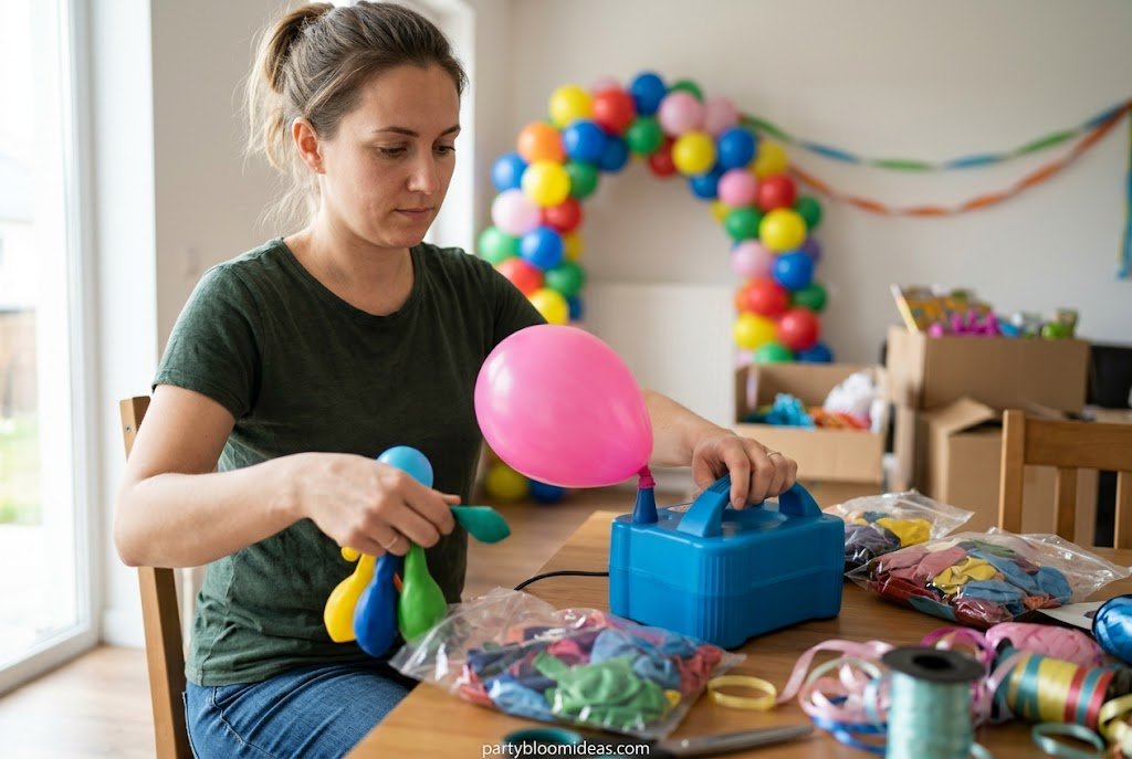 Inflating colorful latex balloons with an electric balloon pump for a balloon arch.How to Make a DIY Balloon Arch step-by-step tutorial