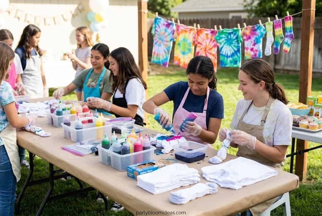 "Teen girls creating tie dye shirts and friendship bracelets at a birthday party"