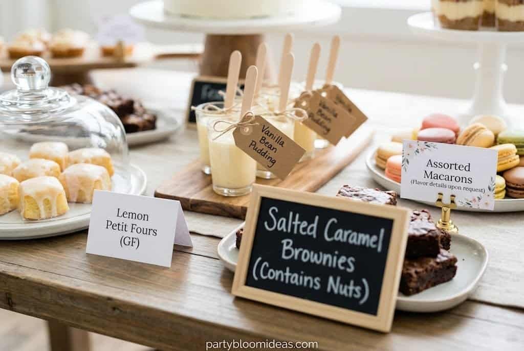 Dessert table with handwritten labels and signage identifying sweets and dietary information