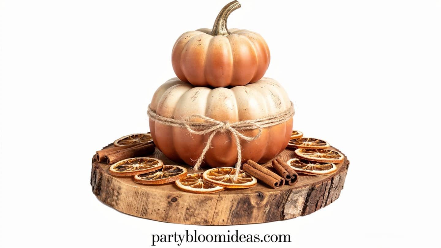Stacked faux pumpkin tower centerpiece with dried orange slices and cinnamon sticks