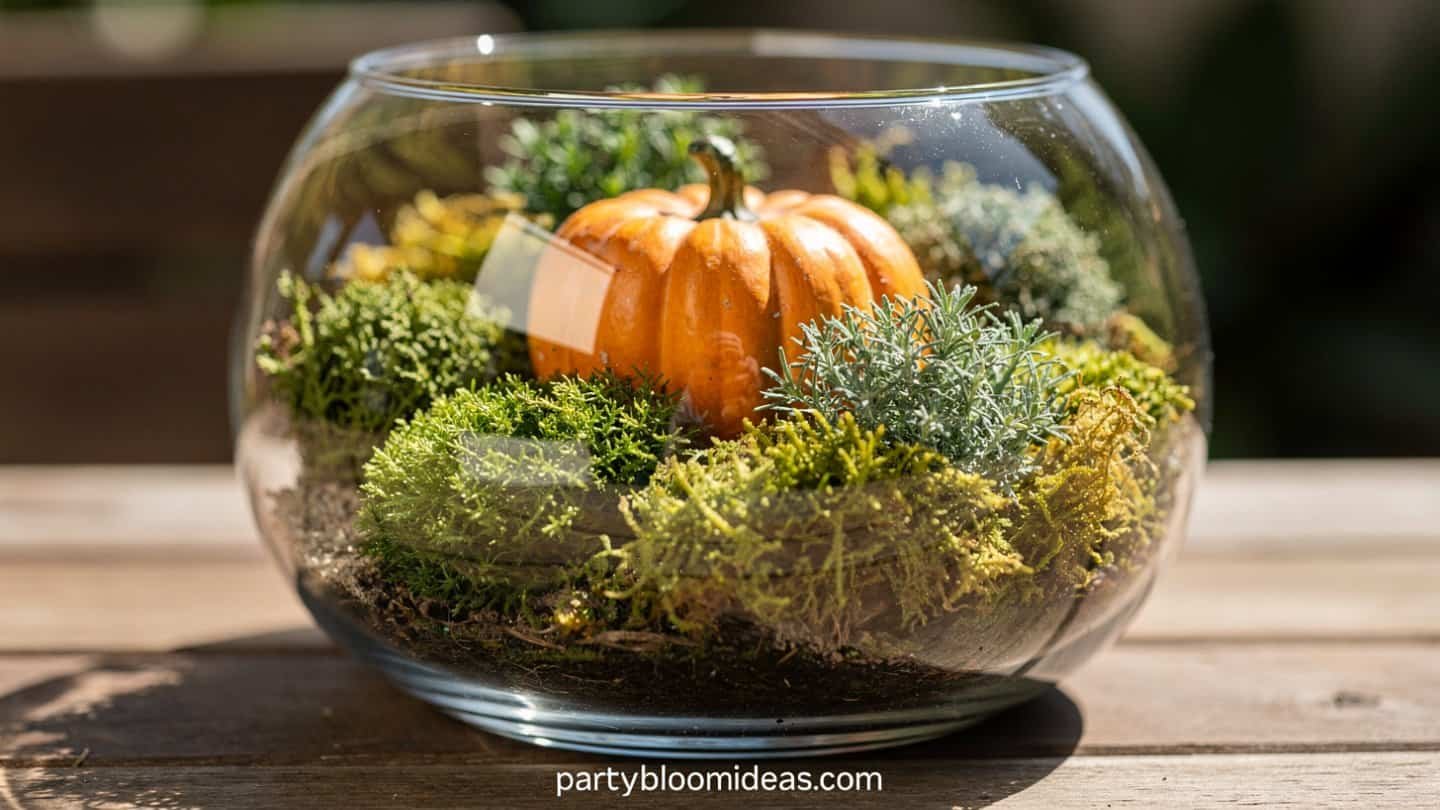 Moss filled pumpkin terrarium centerpiece with gourds and acorns
