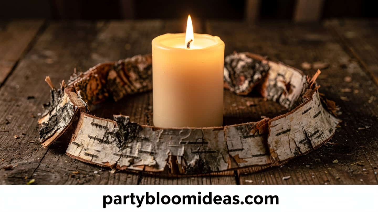 Birch bark candle ring centerpiece with autumn foliage accents DIY Thanksgiving Centerpiece Ideas