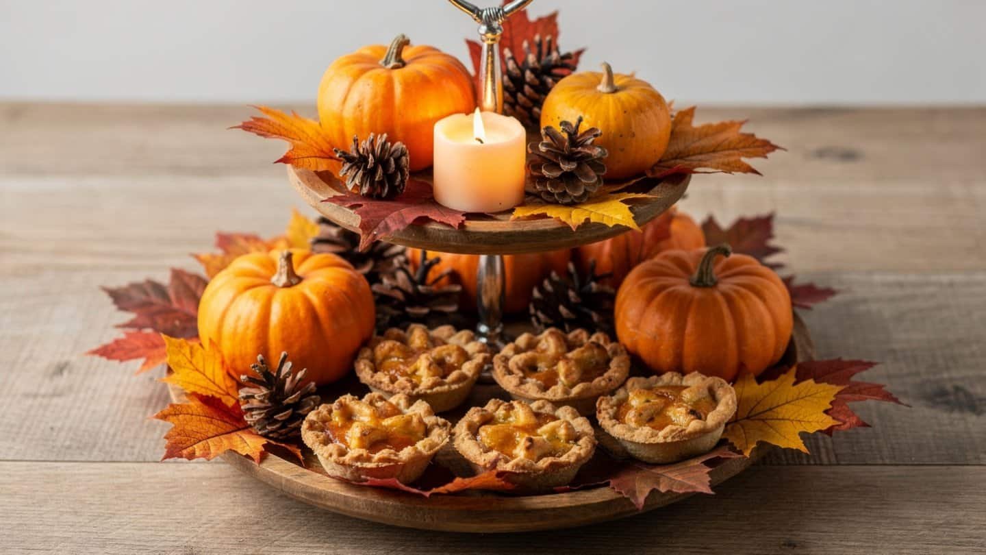 Tiered tray Thanksgiving decor with pumpkins, candles and seasonal signs DIY Thanksgiving Centerpiece Ideas