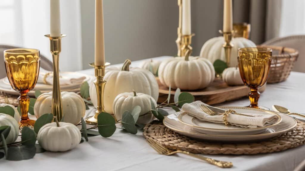 Beautiful fall-themed table decor featuring white pumpkins, gold candlesticks, and elegant tableware.