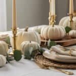 Beautiful fall-themed table decor featuring white pumpkins, gold candlesticks, and elegant tableware.