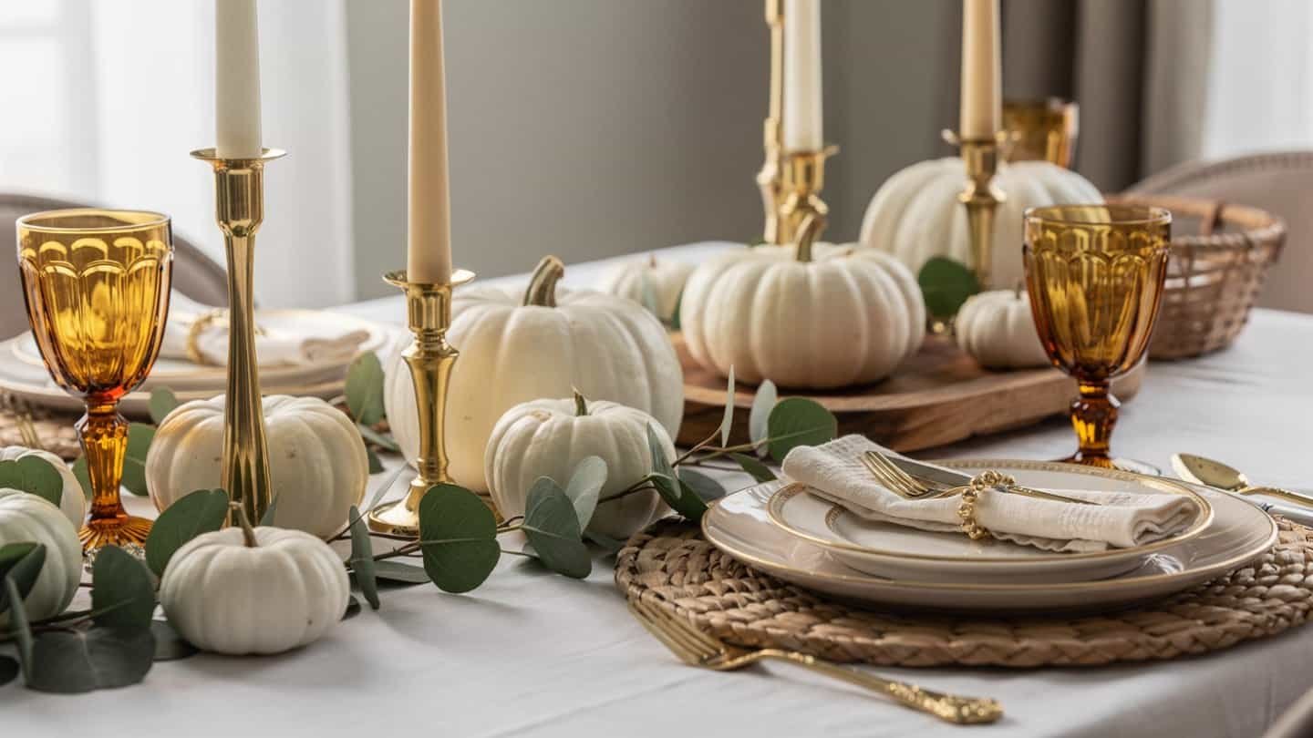 Beautiful fall-themed table decor featuring white pumpkins, gold candlesticks, and elegant tableware.