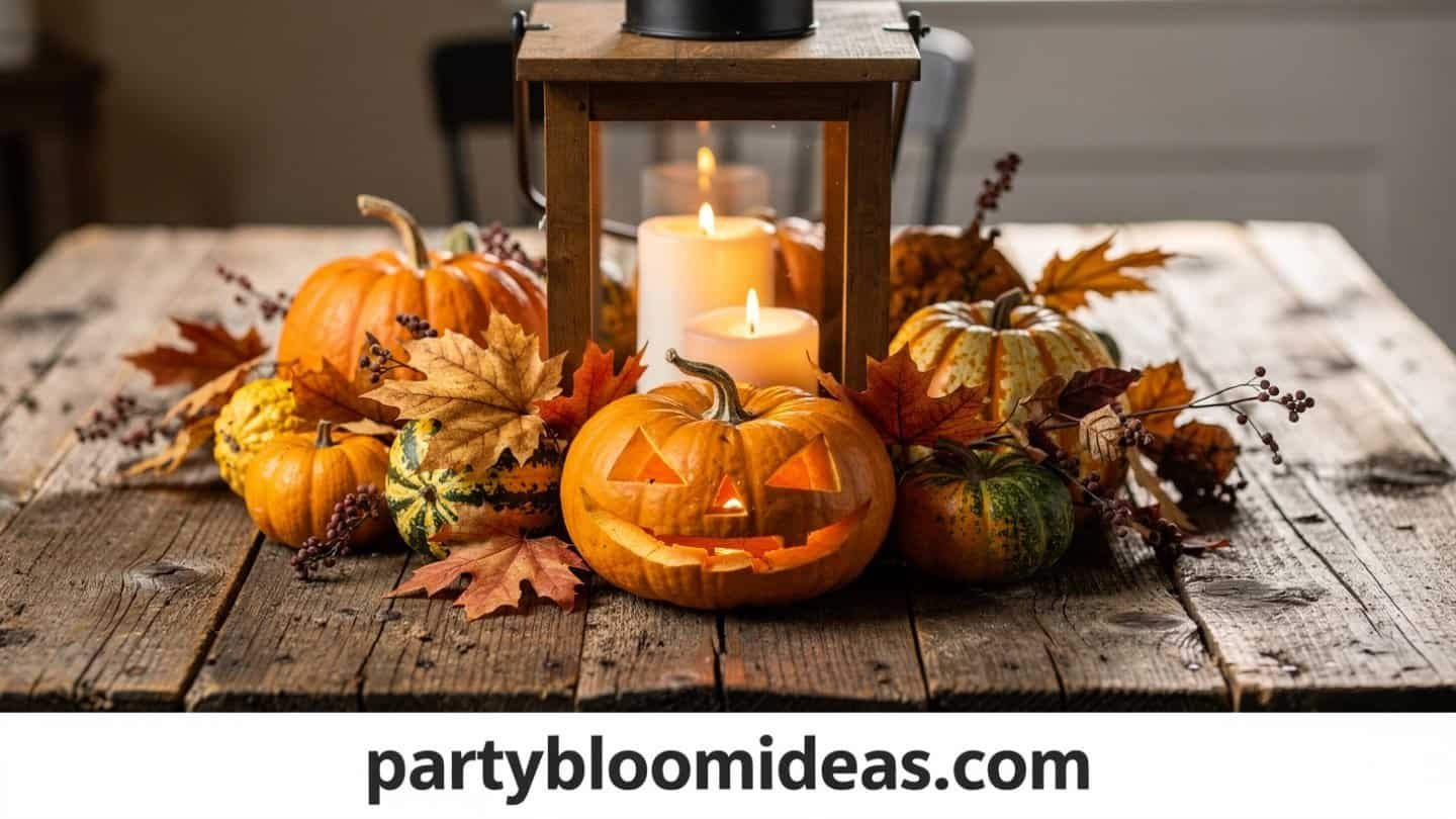 Thanksgiving harvest lantern centerpiece with candle, acorns and mini pumpkins