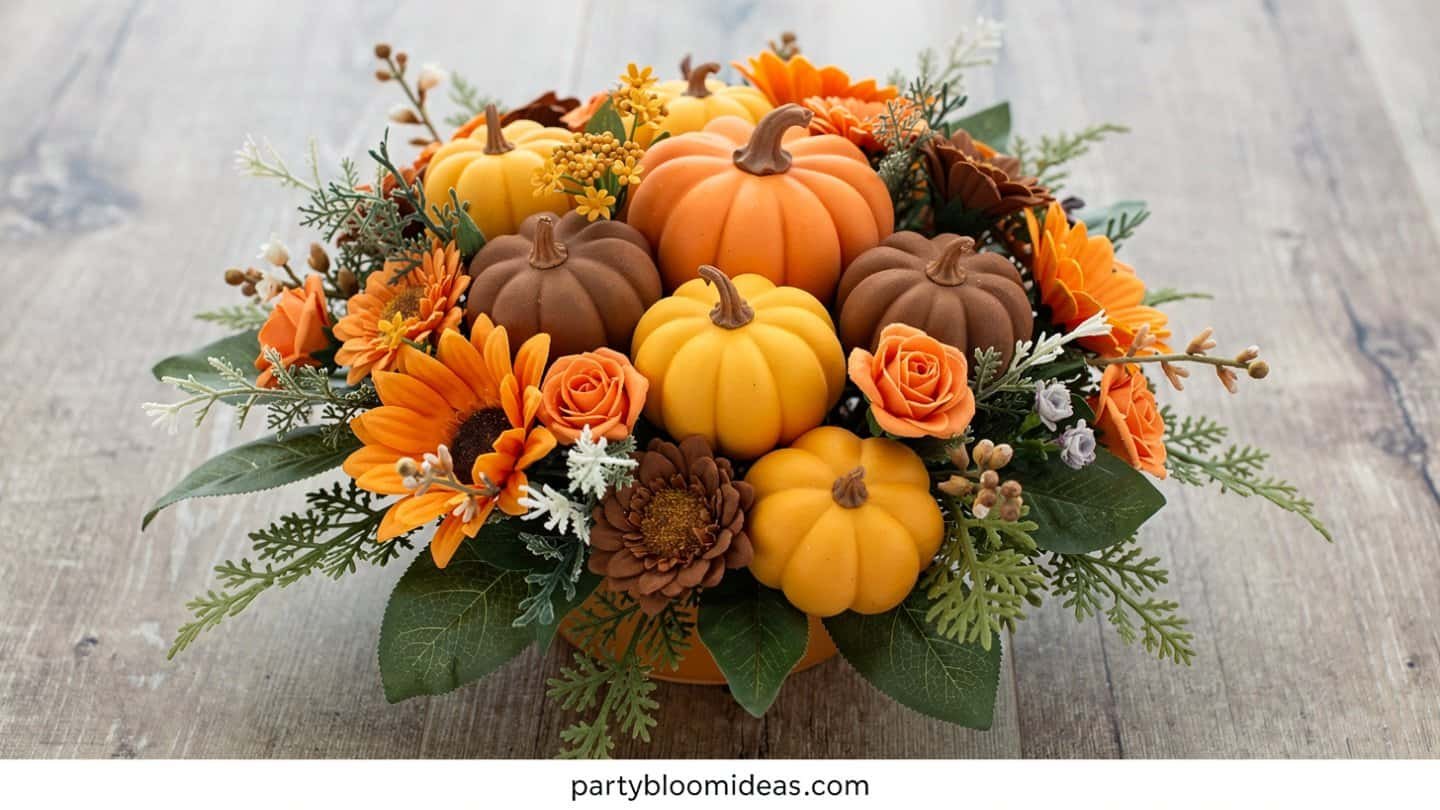 White pumpkin floral arrangement centerpiece with fall stems and greenery