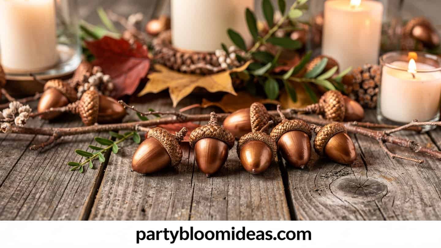 Copper dipped acorns and pinecones Thanksgiving tablescape runner