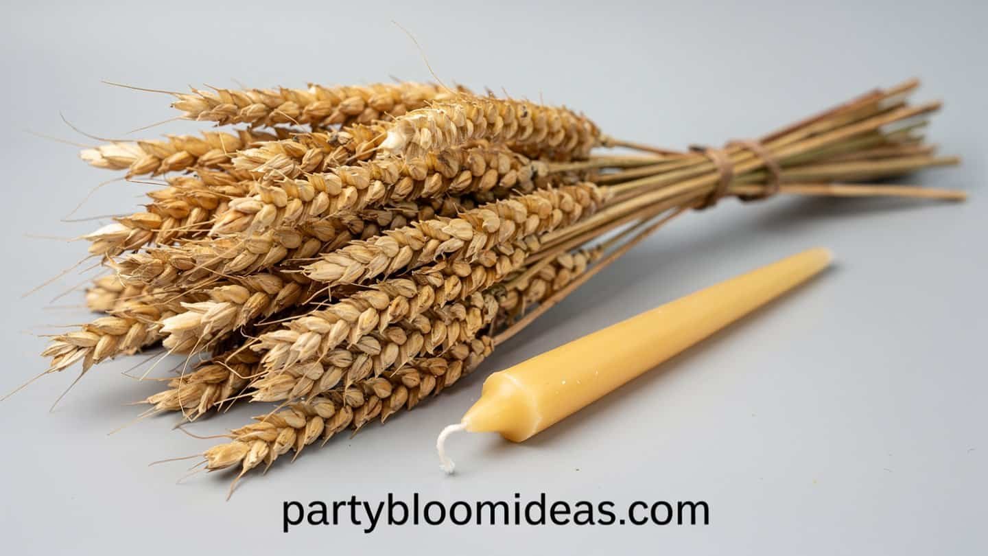 Dried wheat bundle centerpiece with ivory taper candles