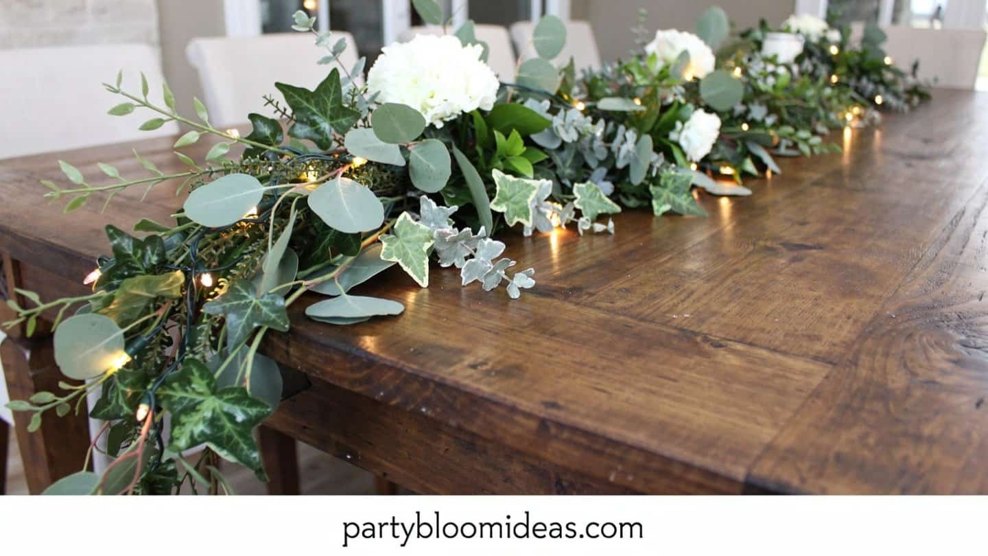 Long Thanksgiving garland runner with pumpkins, greenery and candles