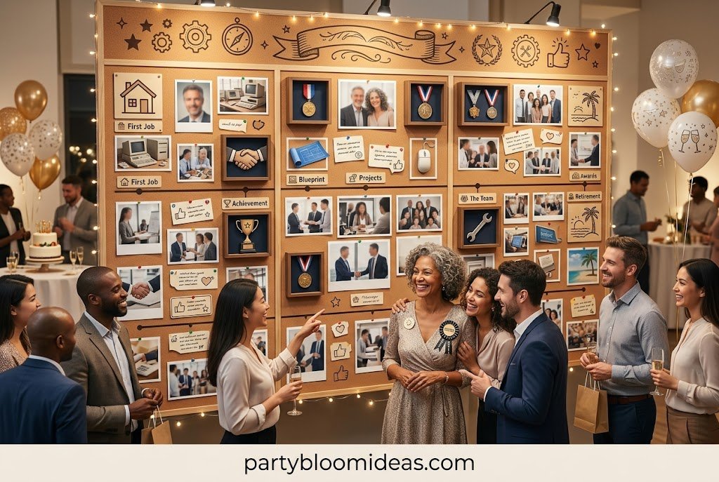 Career legacy wall displaying retirement photos, awards, certificates, and career milestones
