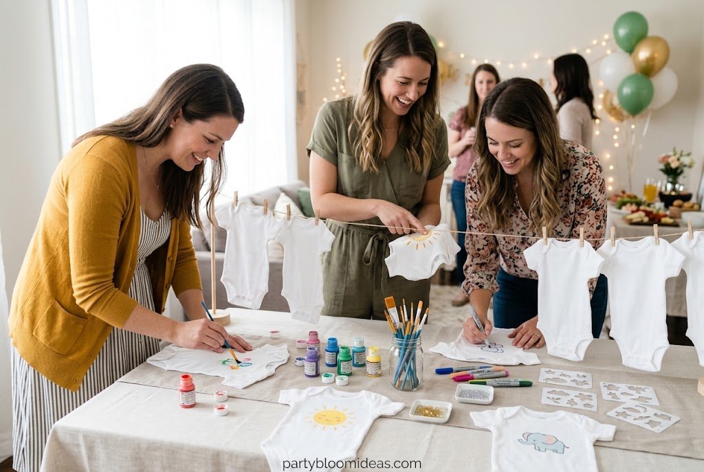 Guests decorating plain white baby onesies with colorful fabric markers and creative designs.