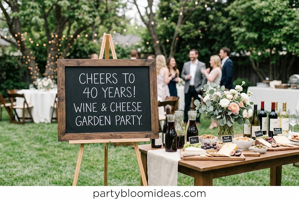 Elegant wine and cheese garden party with charcuterie board and string lights