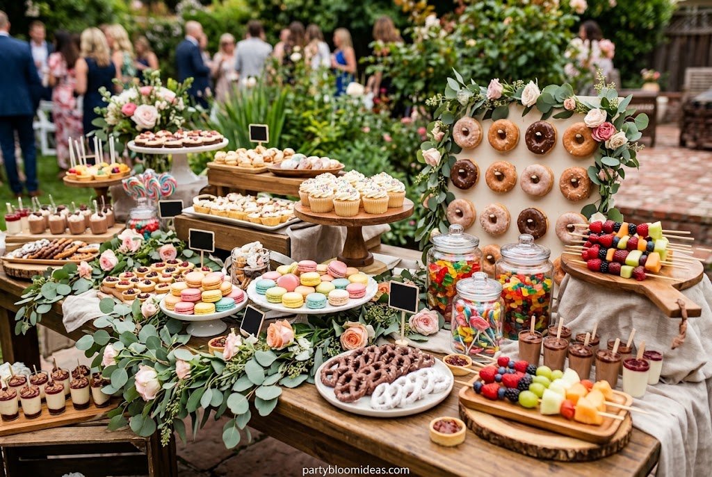 Sweet grazing table filled with brownies, macarons, cookies, strawberries, chocolates, and desserts.