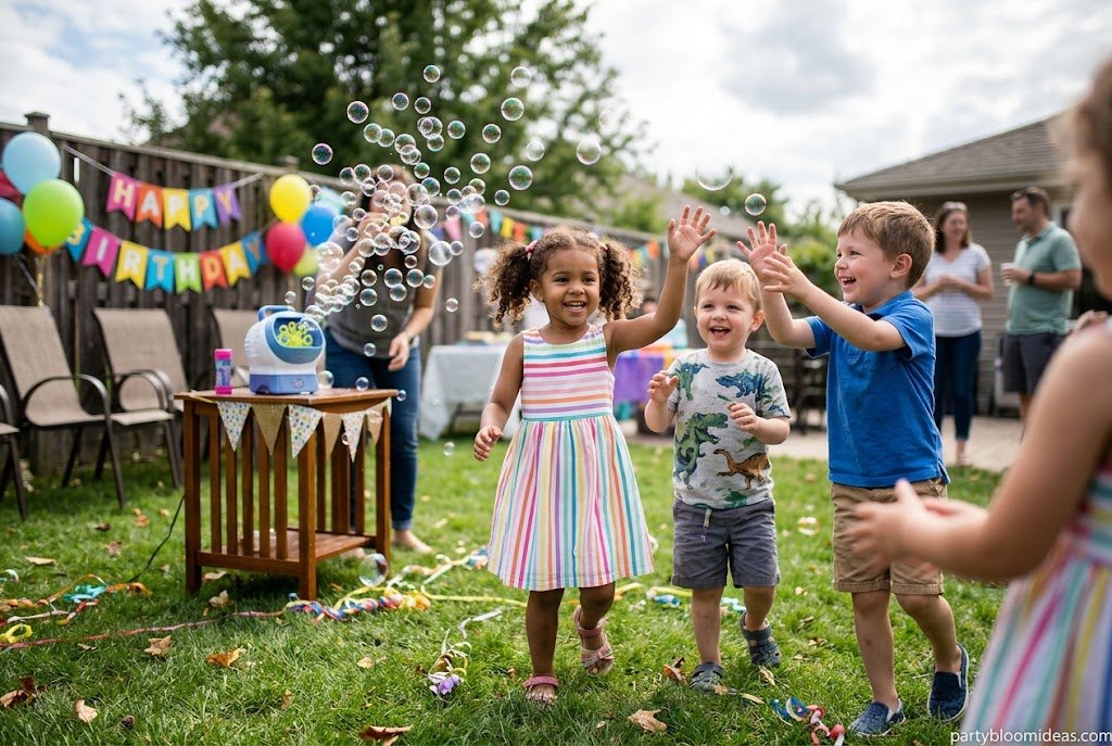 Kids chasing and popping bubbles at a birthday party game