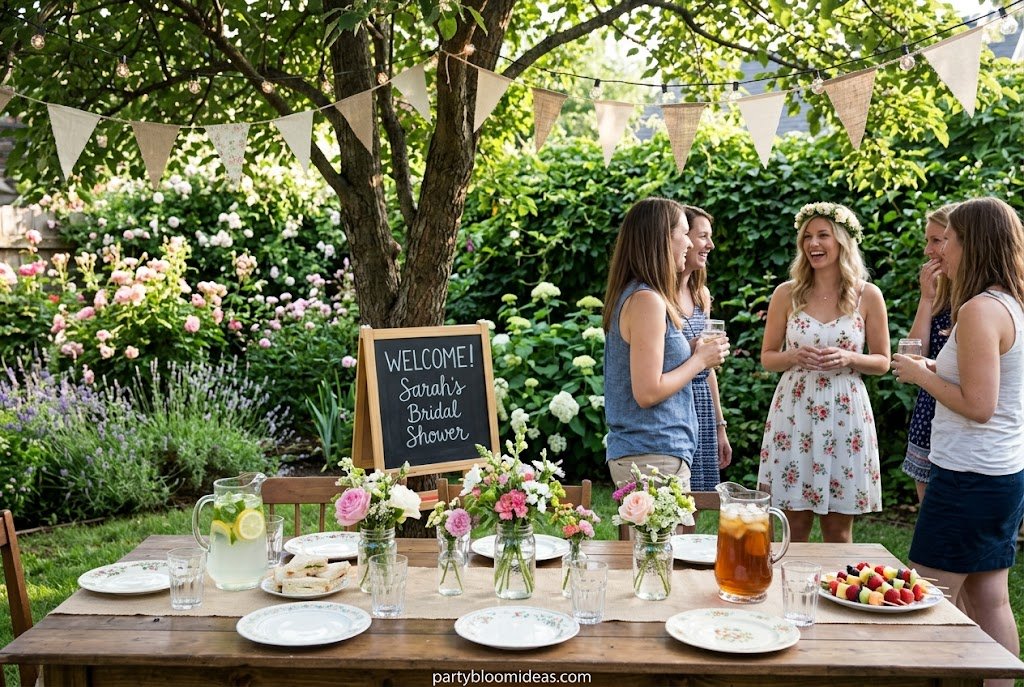 Elegant at-home garden bridal shower with fresh flowers, grazing table, and soft pastel decor.