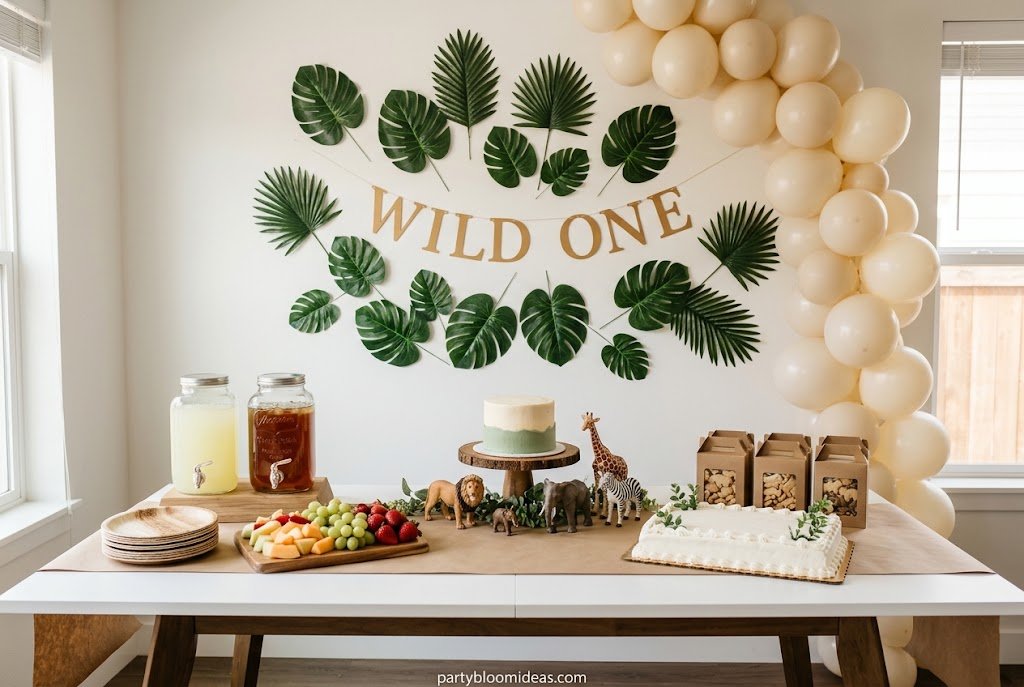 Wild One jungle safari first birthday party theme with tropical leaves and balloons