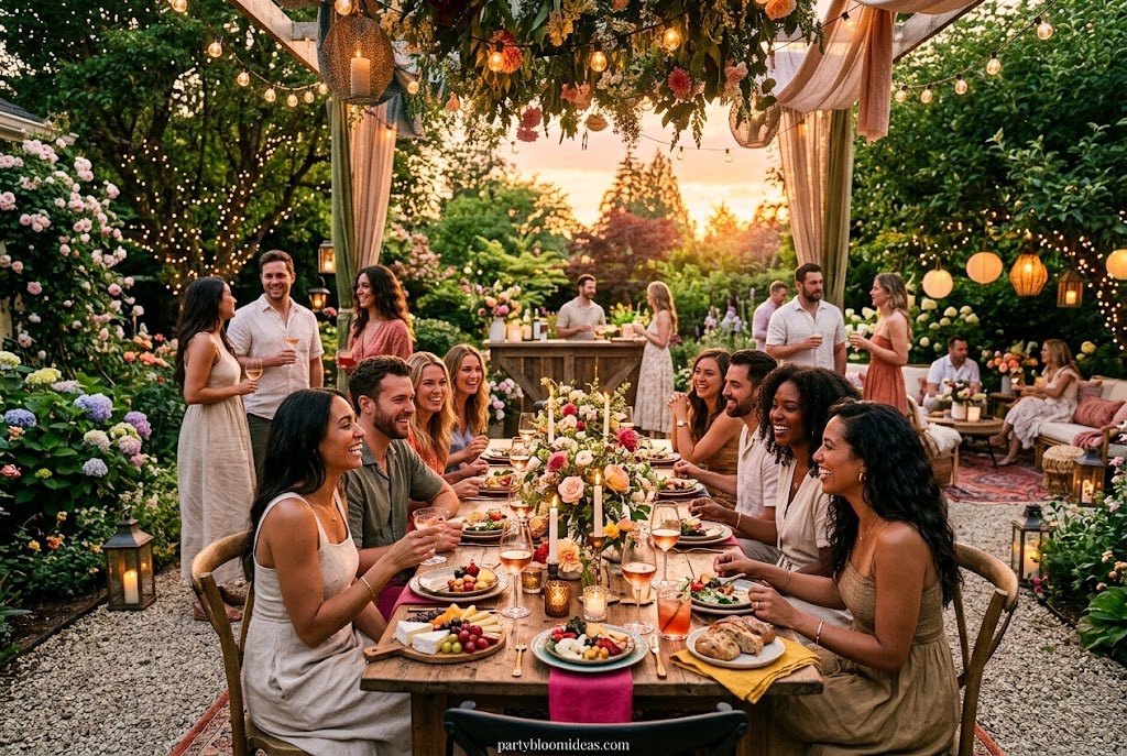 Elegant golden hour garden party with floral decorations and outdoor dining.