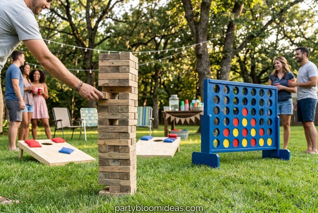 Backyard lawn games including cornhole, giant Jenga, and family-friendly fun.