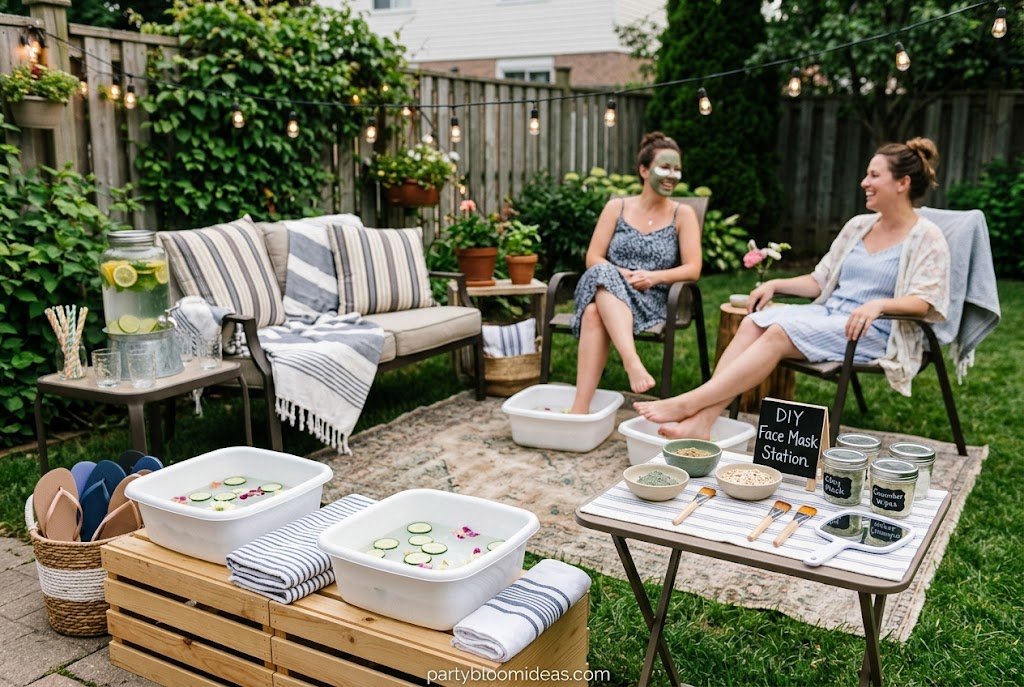 Outdoor spa party with DIY facials, cucumber water, and relaxing atmosphere.