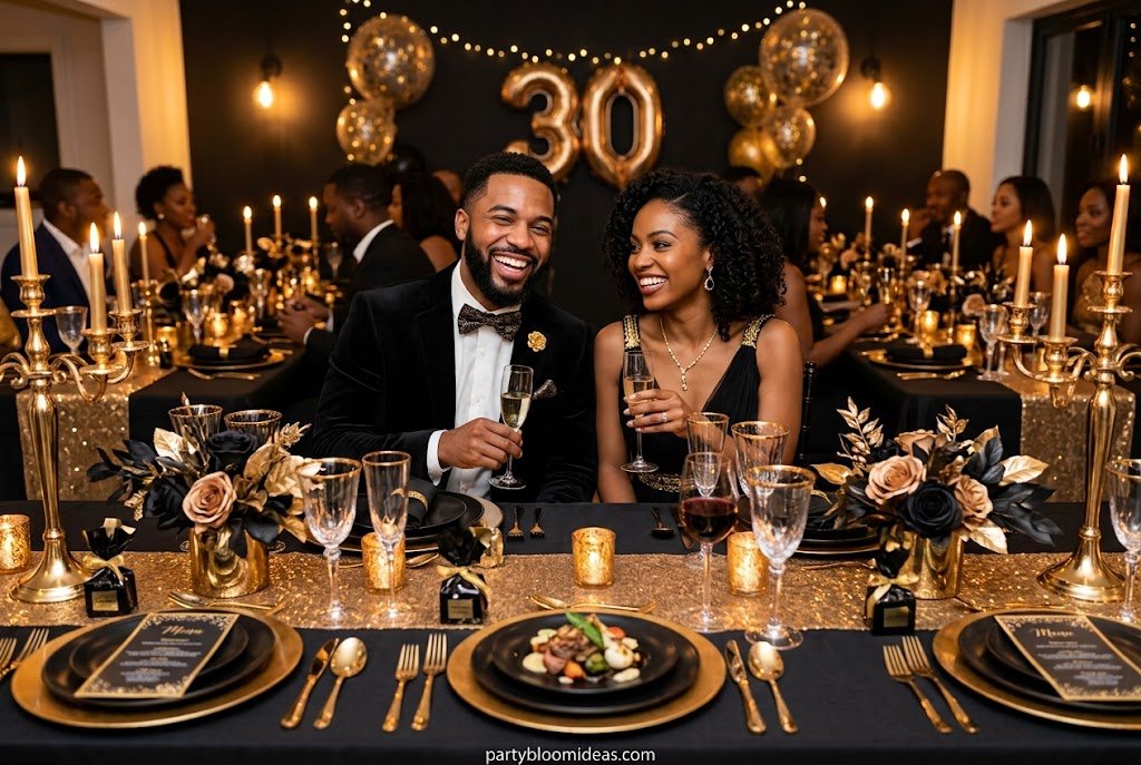 Elegant black and gold 30th birthday dinner party with candlelit table setting.