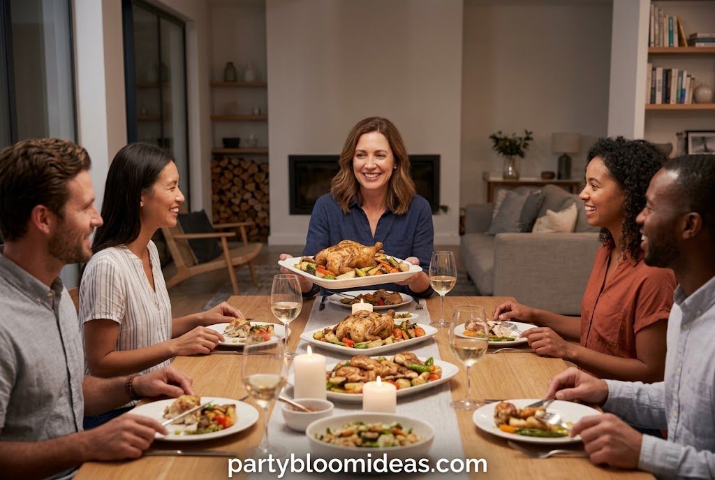 Make-ahead dinner party menu featuring roast, fresh salad, and simple side dishes.