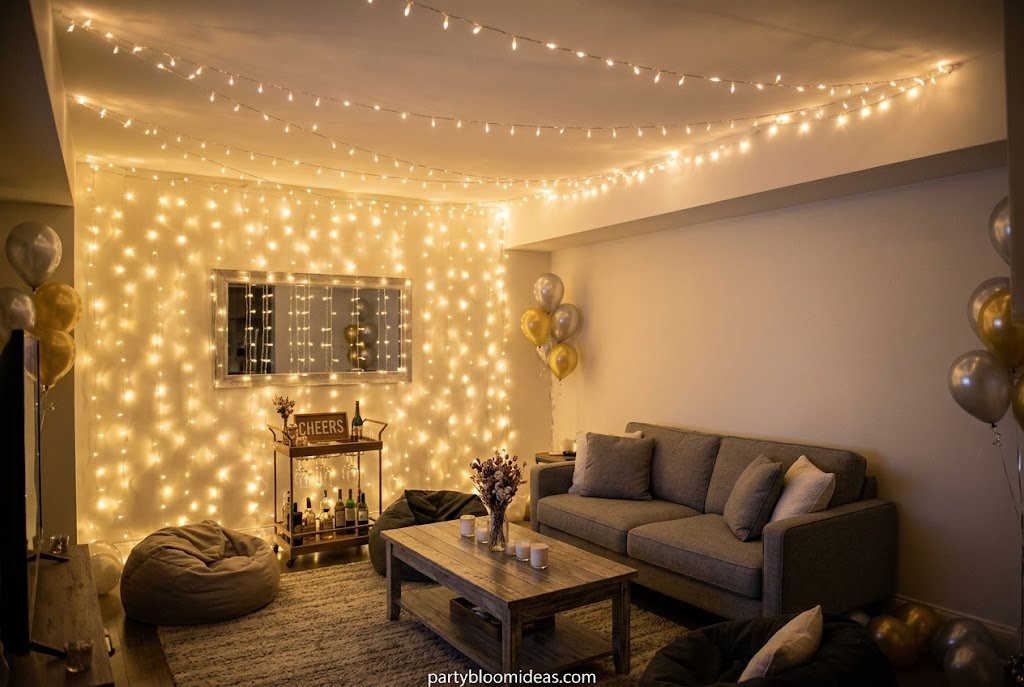 Warm white string lights hanging across the ceiling and wall in a cozy apartment party.