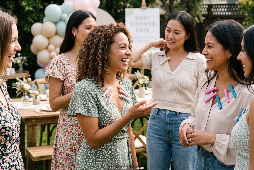 Baby shower guests wearing colorful clothespins and laughing while playing the "Don't Say Baby" game.