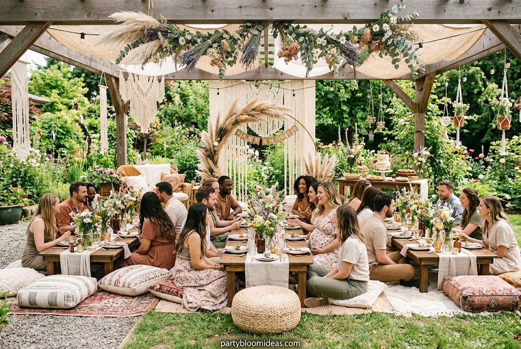 Wildflower garden baby shower theme with floral decorations and rustic table setup