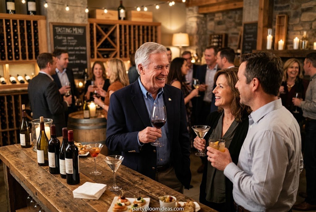 Elegant retirement cocktail party with wine tasting, charcuterie board, and candlelit décor