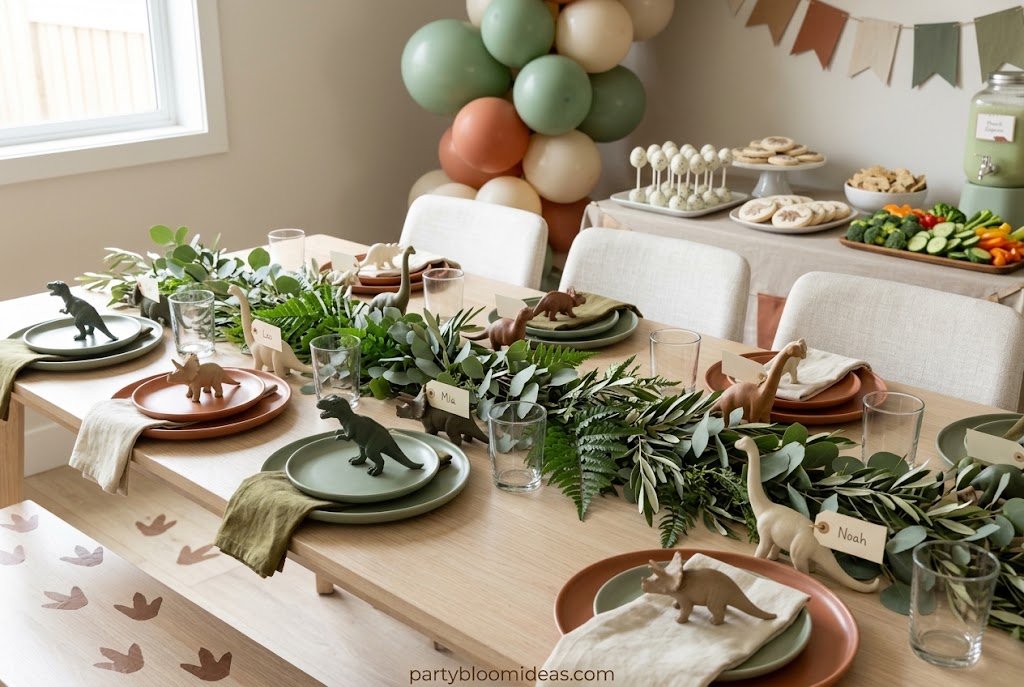 Wild Little One dinosaur first birthday party theme with earthy colors and dinosaur decorations