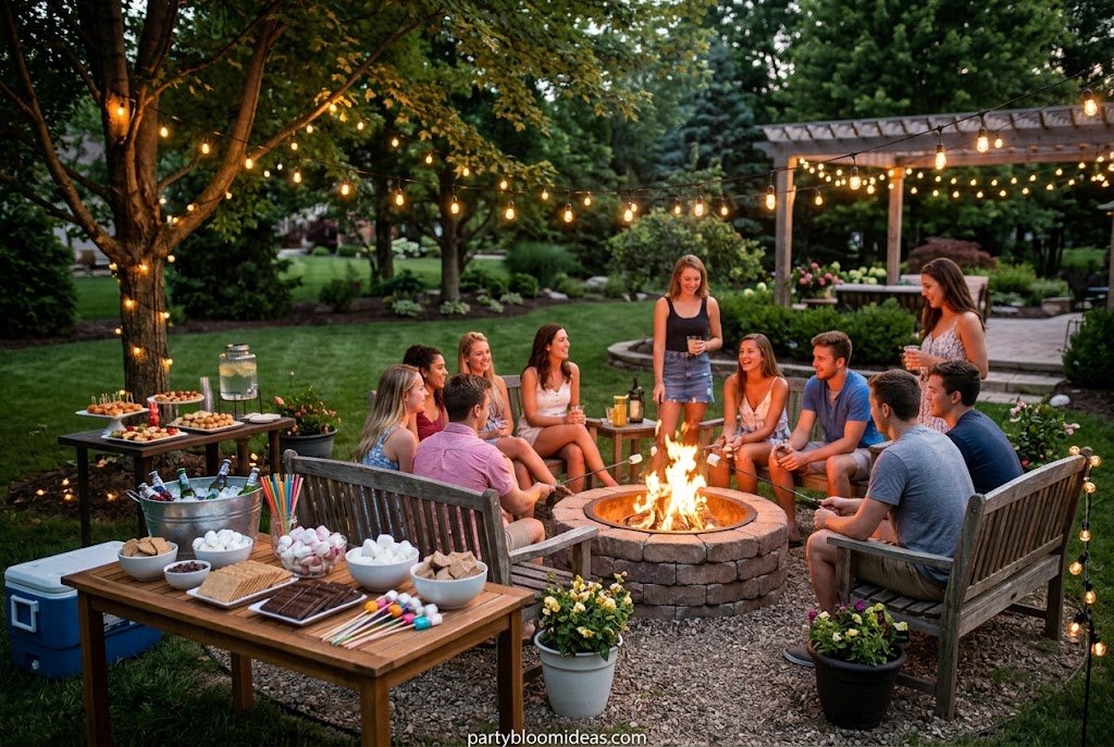 Cozy backyard fire pit party with blankets, s'mores station, and warm lighting.