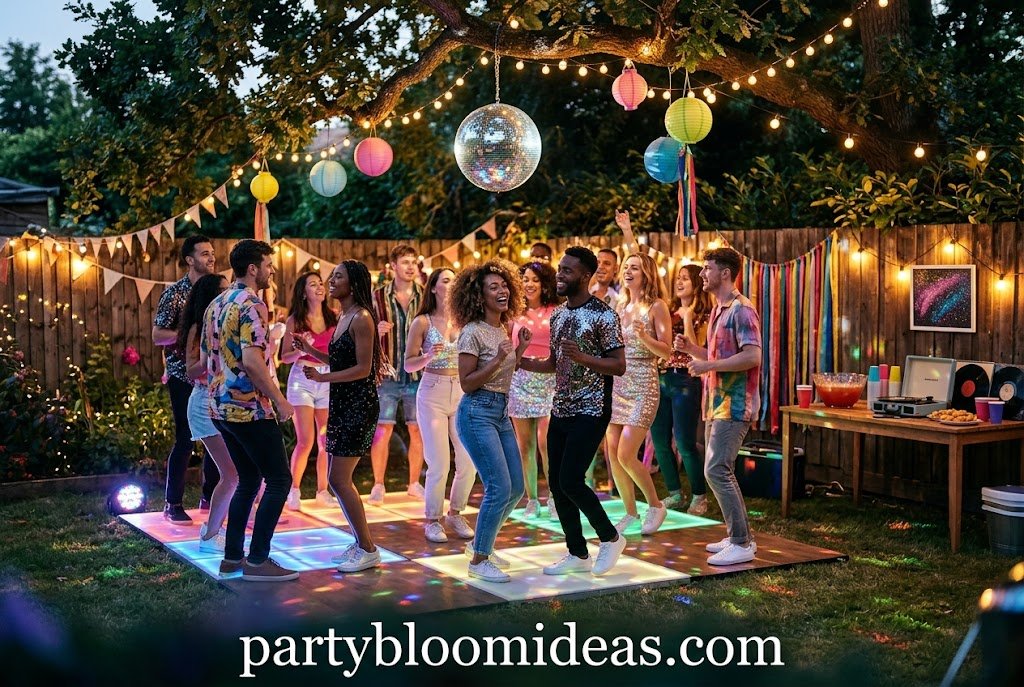 Backyard disco party with mirror ball, dance floor, and retro decorations.