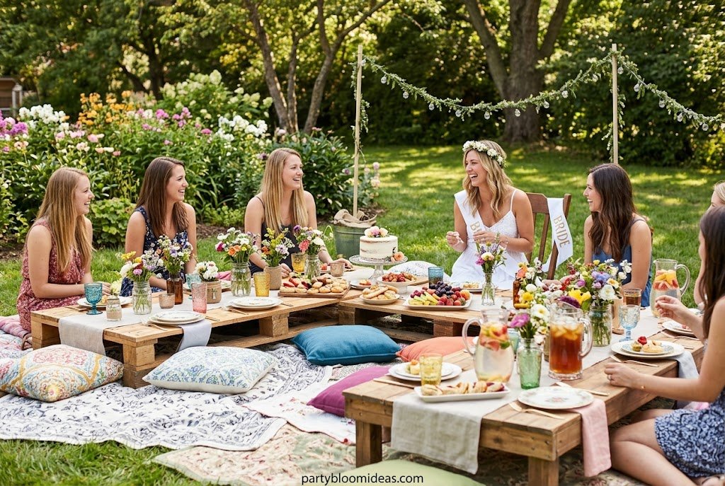 Outdoor garden picnic bridal shower with blankets, fresh flowers, and casual picnic food Budget Bridal Shower