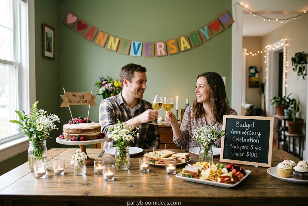Affordable anniversary party setup under 100 dollars with DIY decorations Anniversary Party Ideas