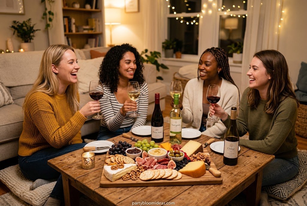 Romantic wine and cheese date night setup with candles, wine, cheese board, and dark chocolate Wine and Cheese Party at Home