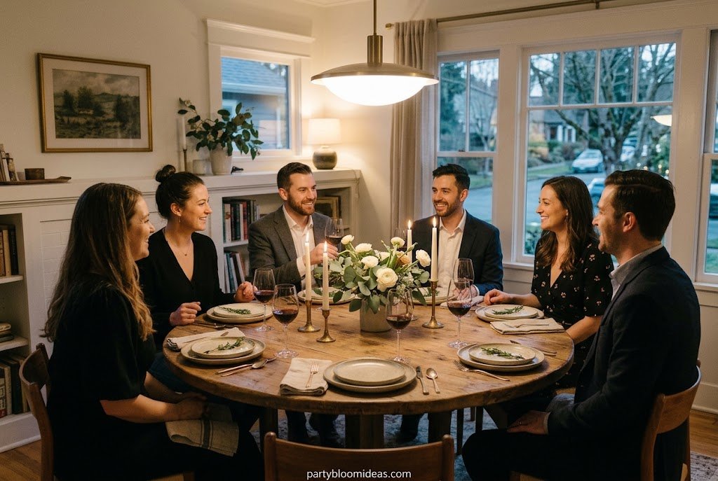 Small elegant dinner party for six guests with minimalist table styling and candlelight.