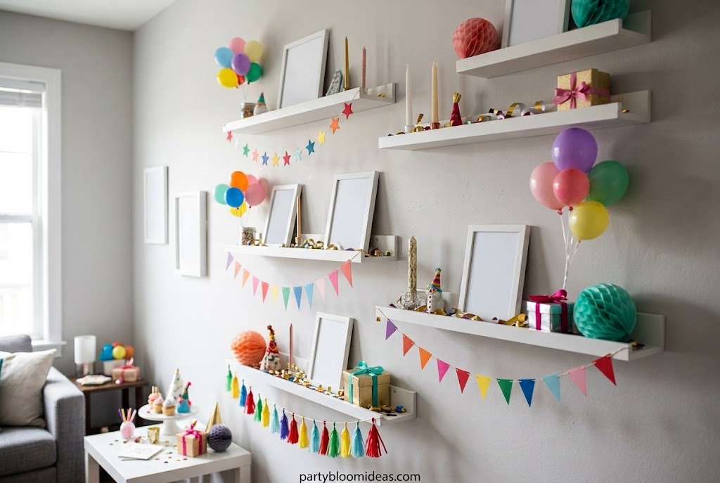 Floating shelves decorated with candles, flowers, and framed signs for party styling.