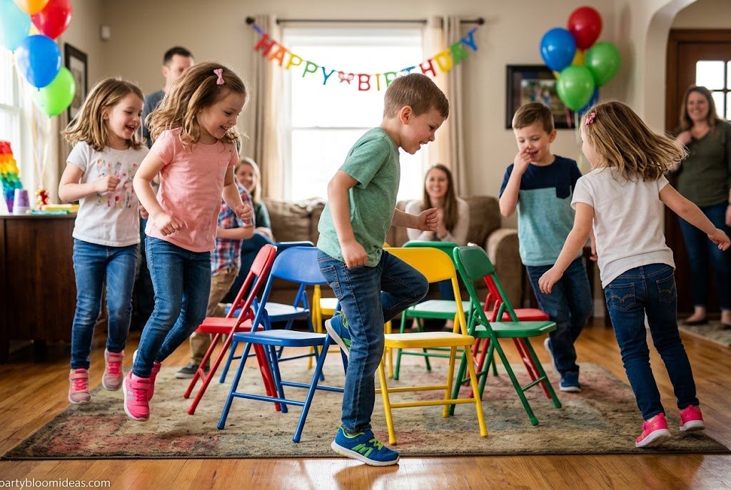 Kids playing a cooperative musical chairs birthday party game