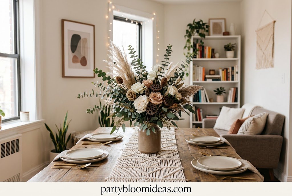 Elegant floral centerpiece displayed on a dining table in a small apartment Party Decoration Ideas for Small Spaces