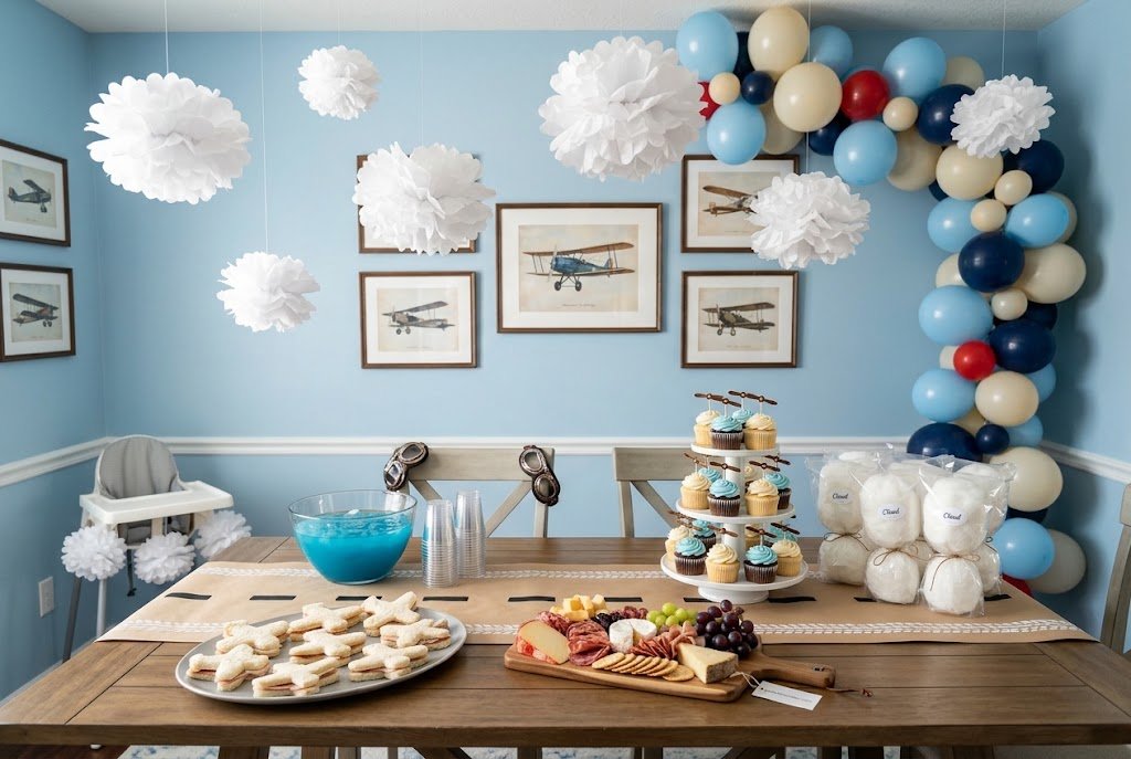 Aviator airplane first birthday party theme with clouds and vintage airplane decorations