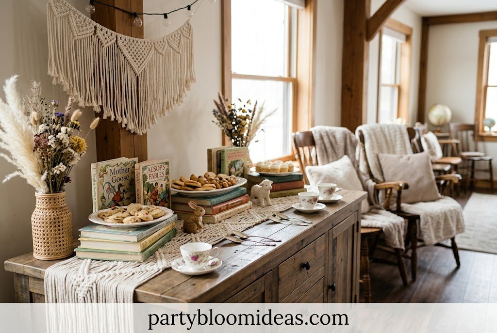 Storybook baby shower theme with classic nursery rhyme decorations and books Baby Shower Ideas 2026