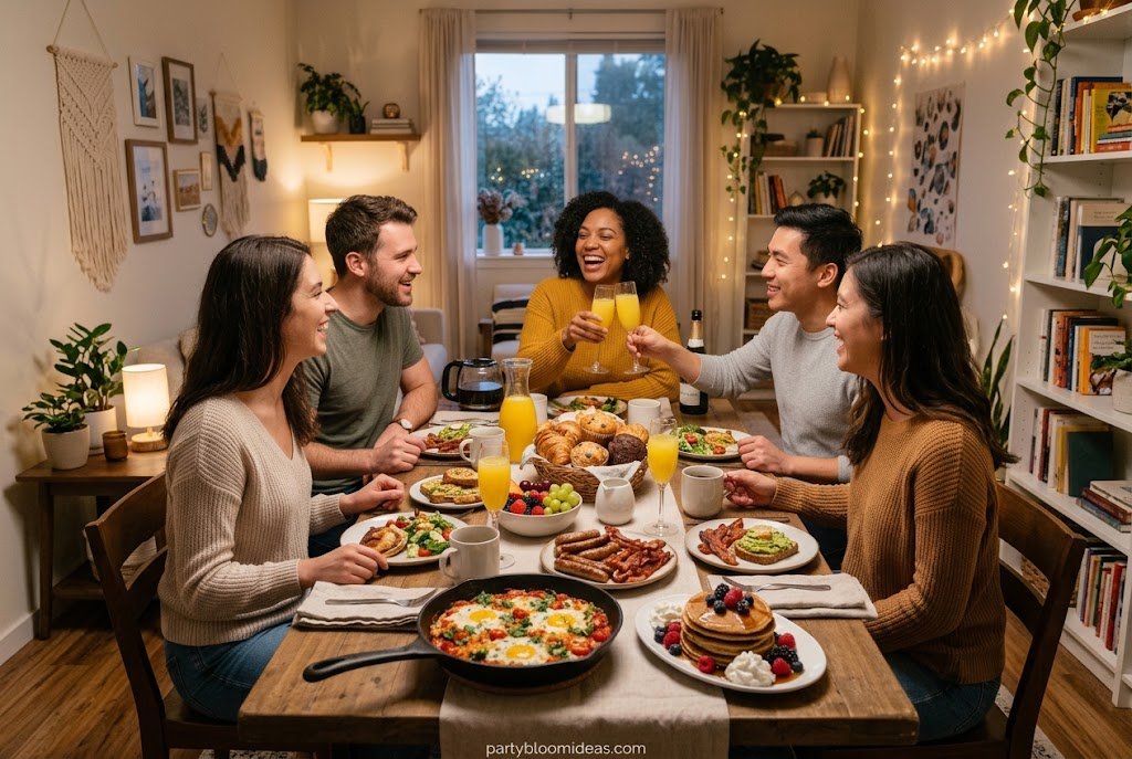 Cozy brunch-inspired dinner table with quiche, fresh flowers, and sparkling drinks Elegant Dinner Party Ideas
