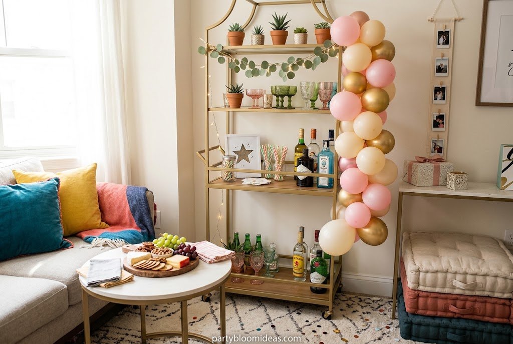 Decorative drink tub, throw basket, and fruit bowl serving as stylish functional party decor Party Decoration Ideas for Small Spaces